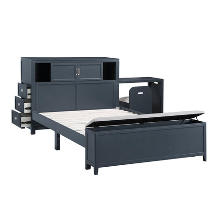 Sloane Navy Blue Full Bookcase Bed with Hidden Desk, Stool and Storage Bench by Homelegance at Eve Furniture