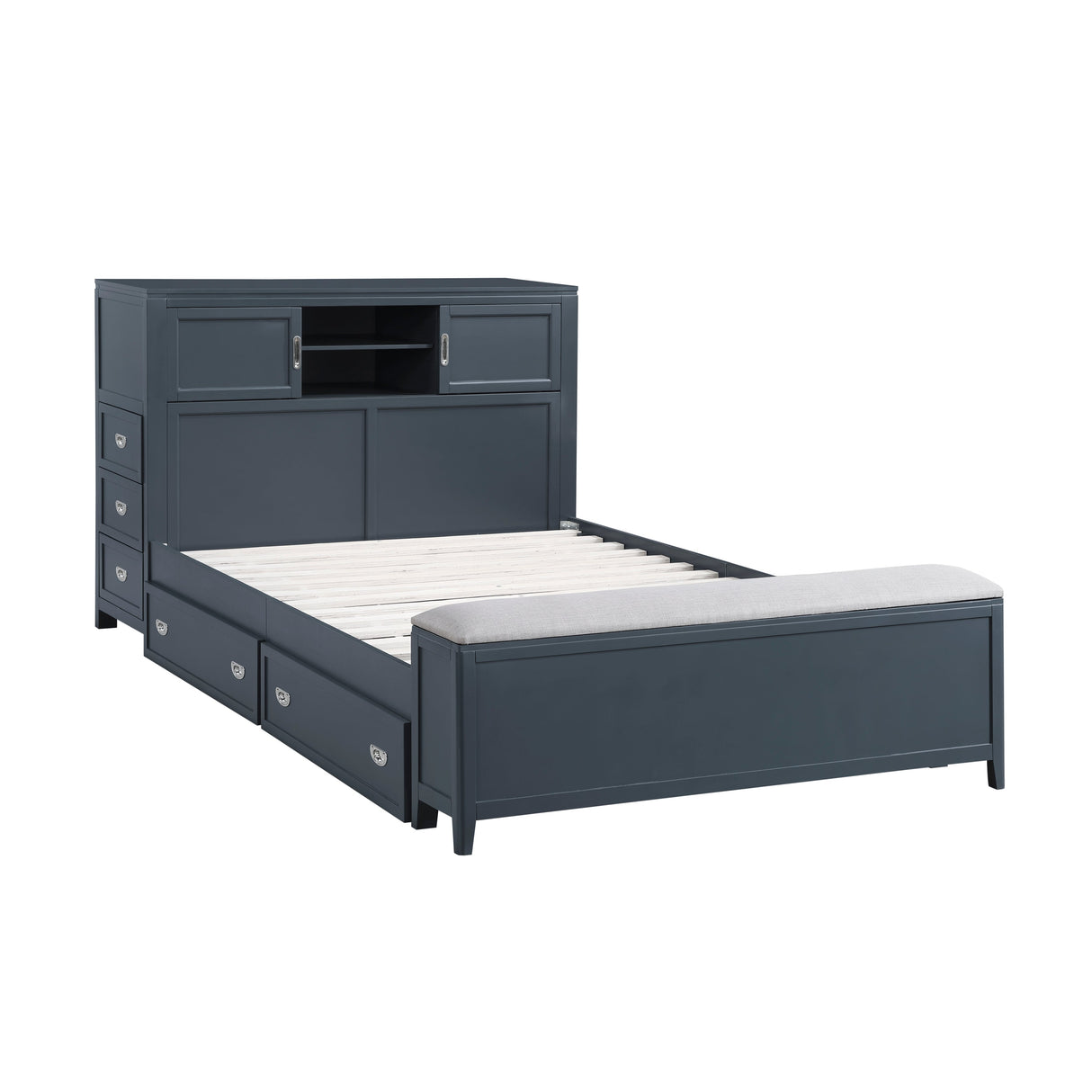 Sloane Navy Blue Full Bookcase Bed with Hidden Desk, Stool and Storage Bench by Homelegance at Eve Furniture