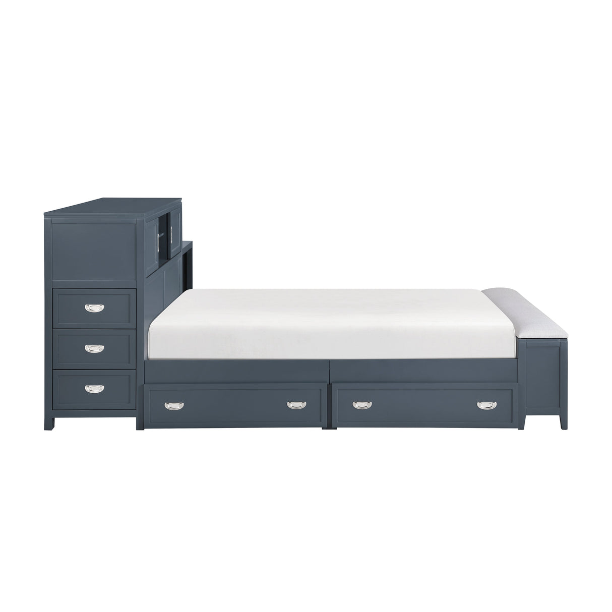 Sloane Navy Blue Full Bookcase Bed with Hidden Desk, Stool and Storage Bench by Homelegance at Eve Furniture