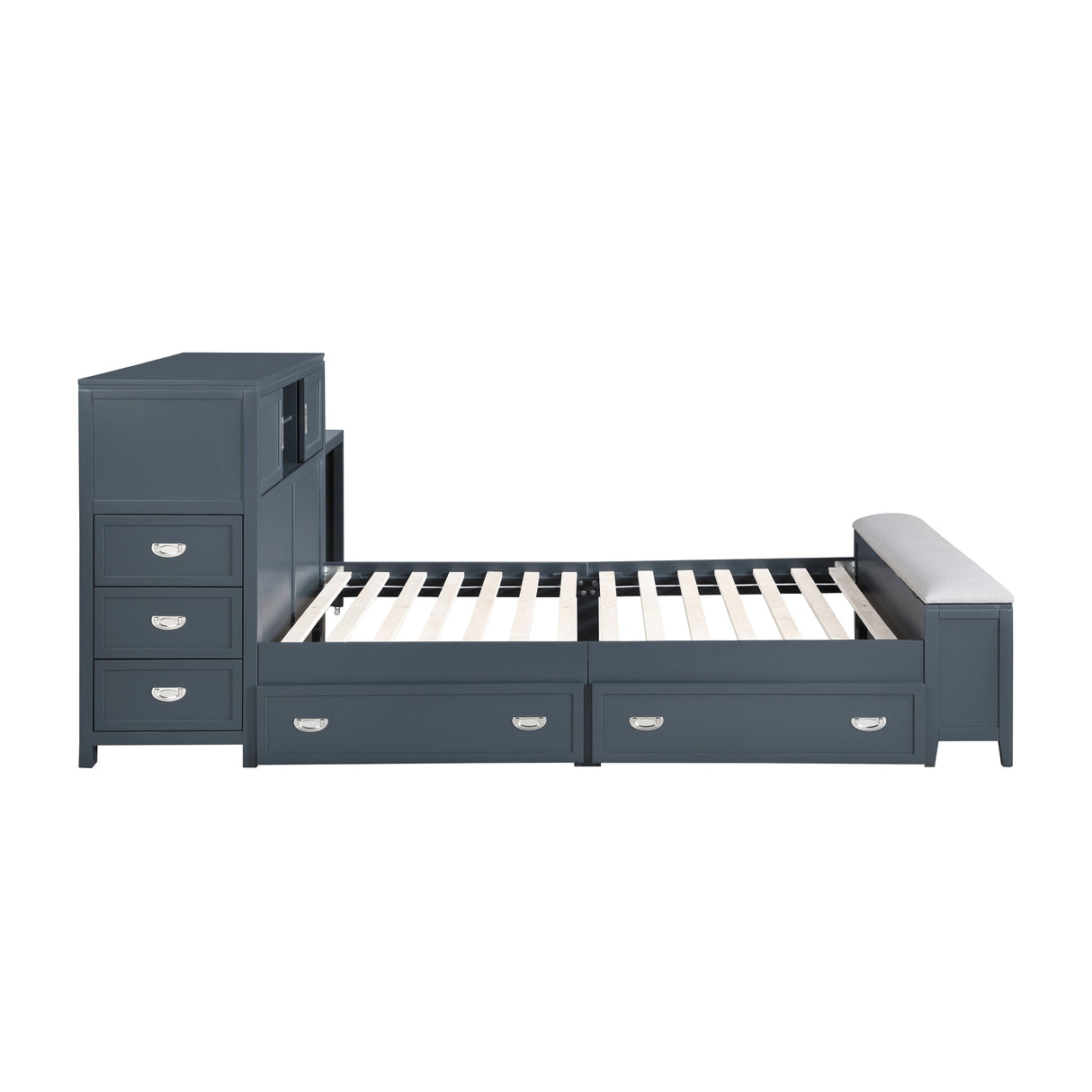 Sloane Navy Blue Full Bookcase Bed with Hidden Desk, Stool and Storage Bench by Homelegance at Eve Furniture