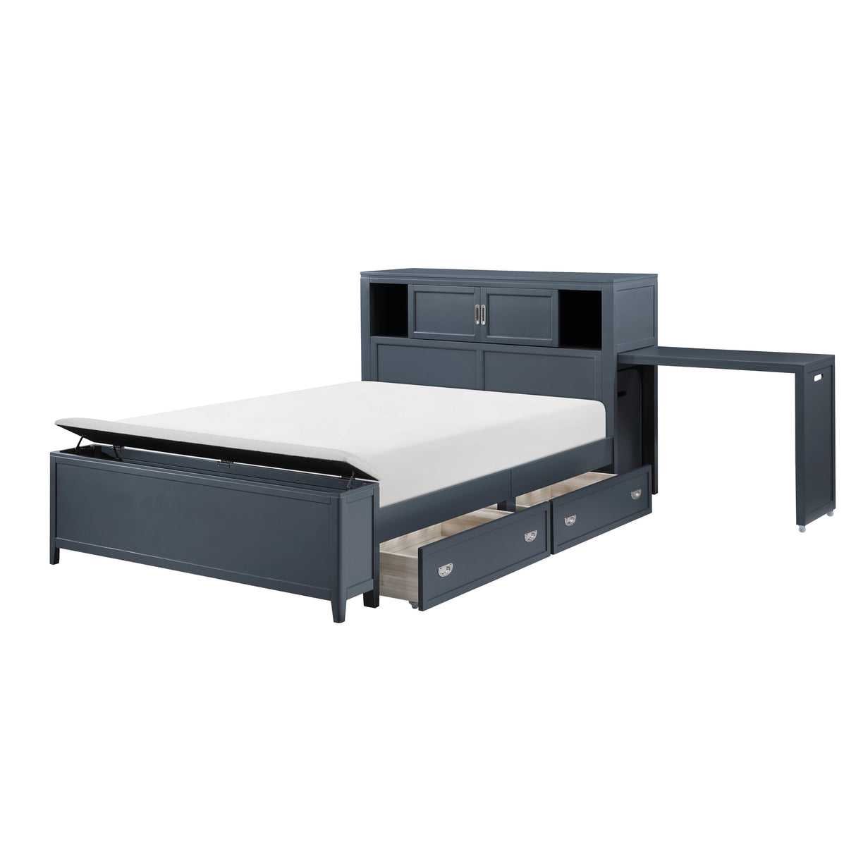 Sloane Navy Blue Full Bookcase Bed with Hidden Desk, Stool and Storage Bench by Homelegance at Eve Furniture
