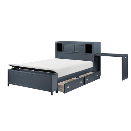 Sloane Navy Blue Full Bookcase Bed with Hidden Desk, Stool and Storage Bench by Homelegance at Eve Furniture