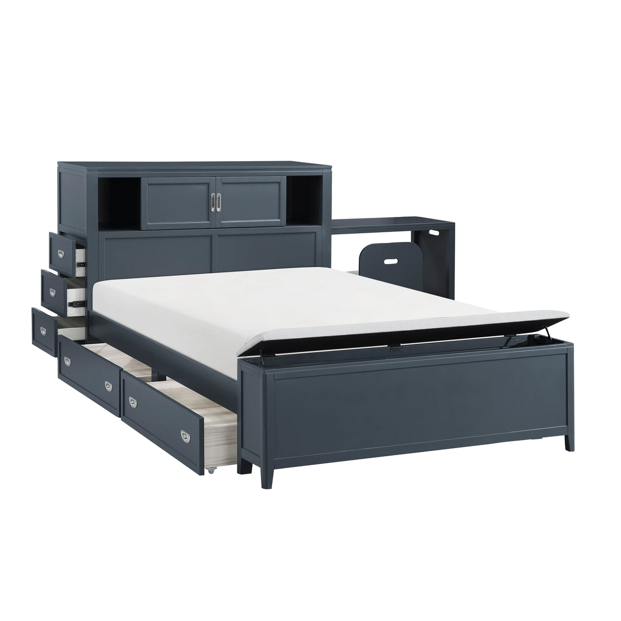 Sloane Navy Blue Full Bookcase Bed with Hidden Desk, Stool and Storage Bench by Homelegance at Eve Furniture