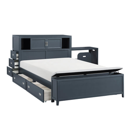 Sloane Navy Blue Full Bookcase Bed with Hidden Desk, Stool and Storage Bench by Homelegance at Eve Furniture