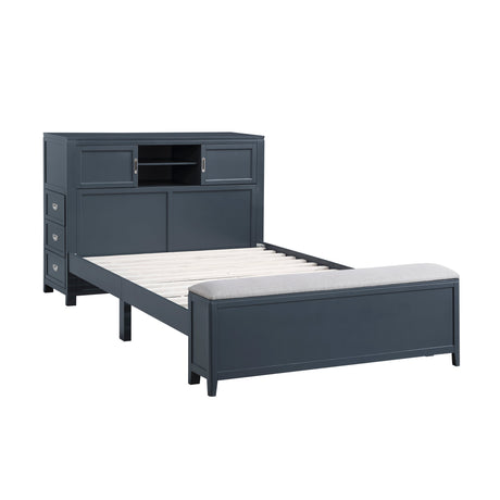 Sloane Navy Blue Full Bookcase Bed with Hidden Desk, Stool and Storage Bench by Homelegance at Eve Furniture