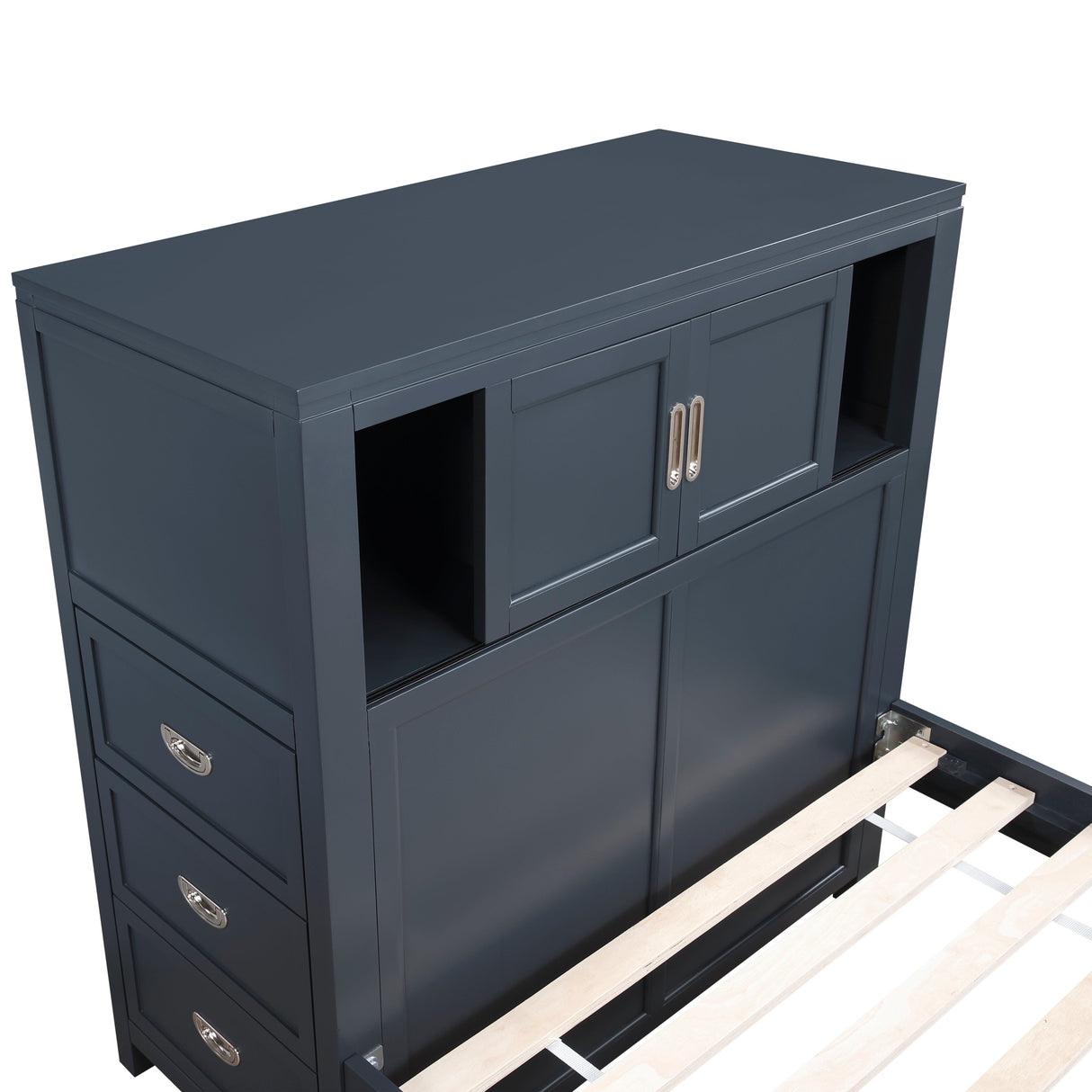 Sloane Navy Blue Full Bookcase Bed with Hidden Desk, Stool and Storage Bench by Homelegance at Eve Furniture