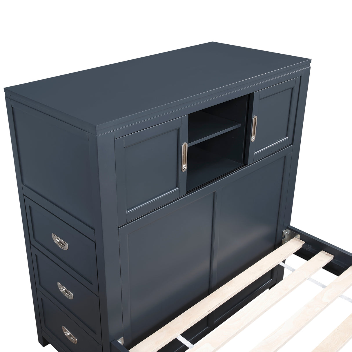 Sloane Navy Blue Full Bookcase Bed with Hidden Desk, Stool and Storage Bench by Homelegance at Eve Furniture