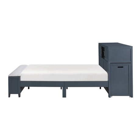 Sloane Navy Blue Full Bookcase Bed with Hidden Desk, Stool and Storage Bench by Homelegance at Eve Furniture