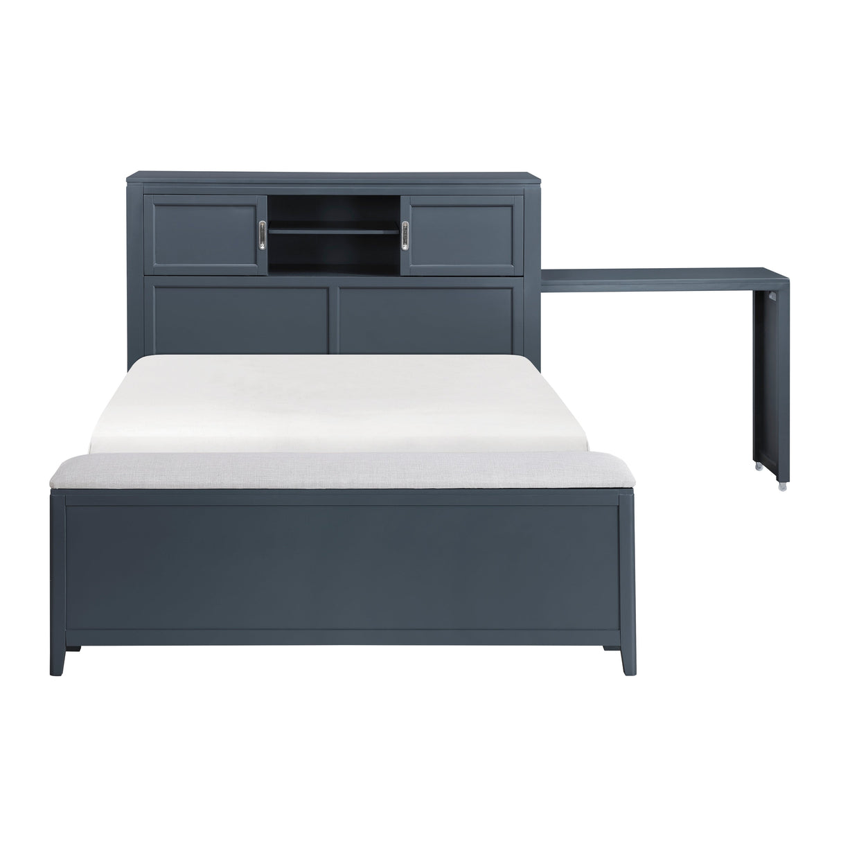 Sloane Navy Blue Full Bookcase Bed with Hidden Desk, Stool and Storage Bench by Homelegance at Eve Furniture