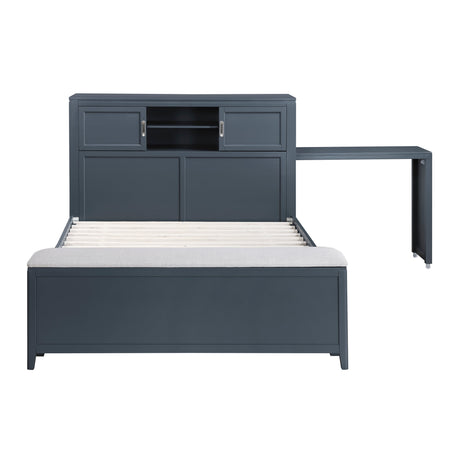 Sloane Navy Blue Full Bookcase Bed with Hidden Desk, Stool and Storage Bench by Homelegance at Eve Furniture