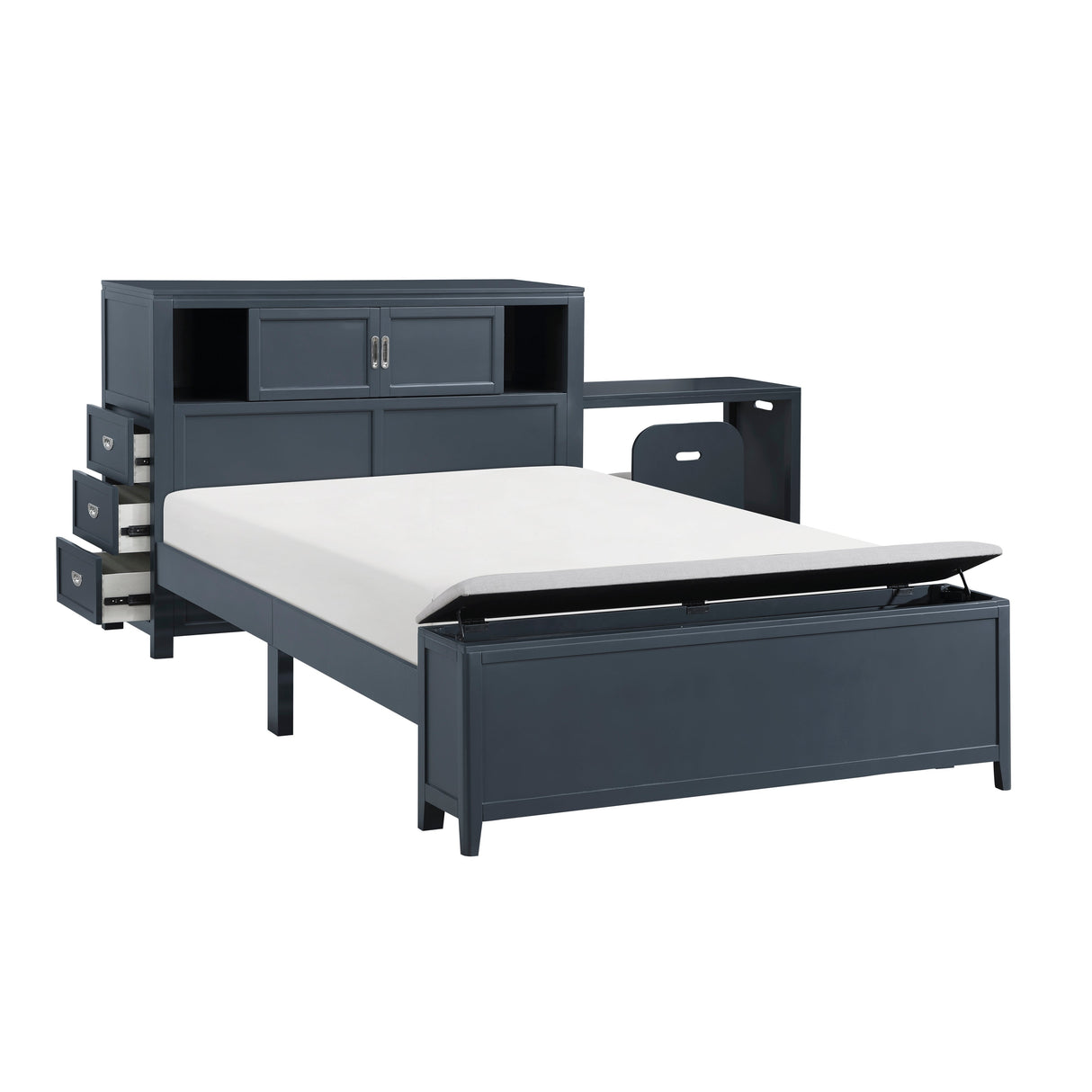 Sloane Navy Blue Full Bookcase Bed with Hidden Desk, Stool and Storage Bench by Homelegance at Eve Furniture