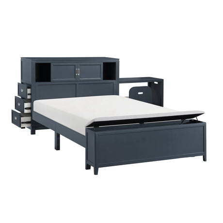 Sloane Navy Blue Full Bookcase Bed with Hidden Desk, Stool and Storage Bench by Homelegance at Eve Furniture