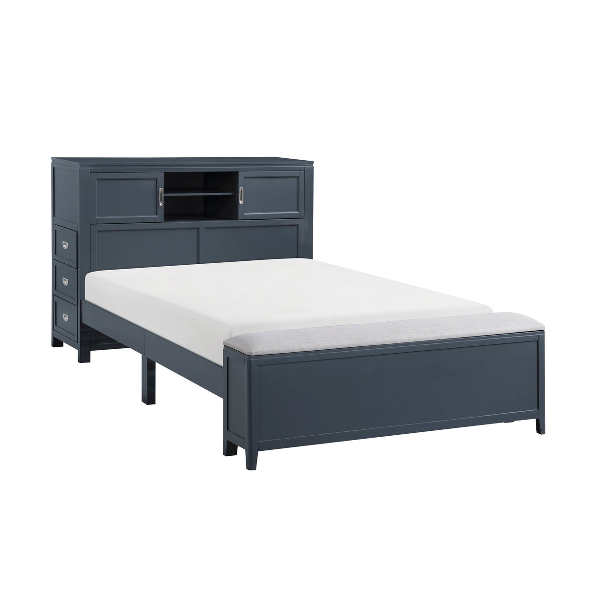 Sloane Navy Blue Full Bookcase Bed with Hidden Desk, Stool and Storage Bench by Homelegance at Eve Furniture