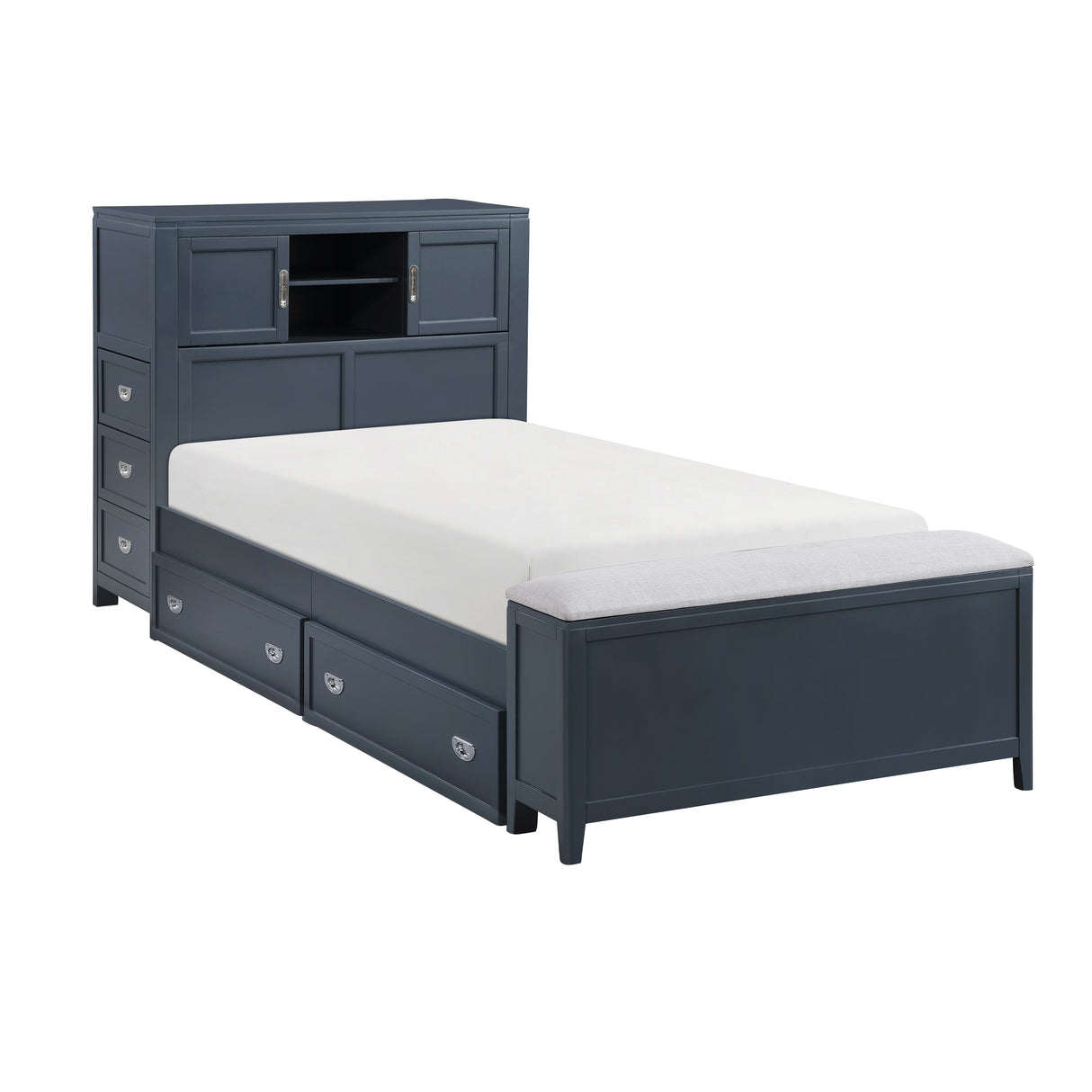 Sloane Navy Blue Twin Bookcase Bed with Hidden Desk, Stool and Storage Bench by Homelegance at Eve Furniture