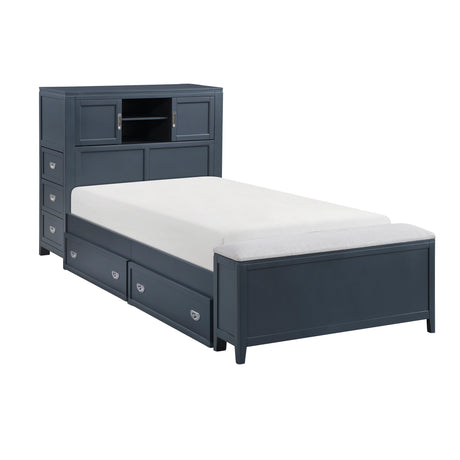 Sloane Navy Blue Twin Bookcase Bed with Hidden Desk, Stool and Storage Bench by Homelegance at Eve Furniture