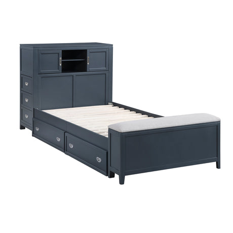 Sloane Navy Blue Twin Bookcase Bed with Hidden Desk, Stool and Storage Bench by Homelegance at Eve Furniture