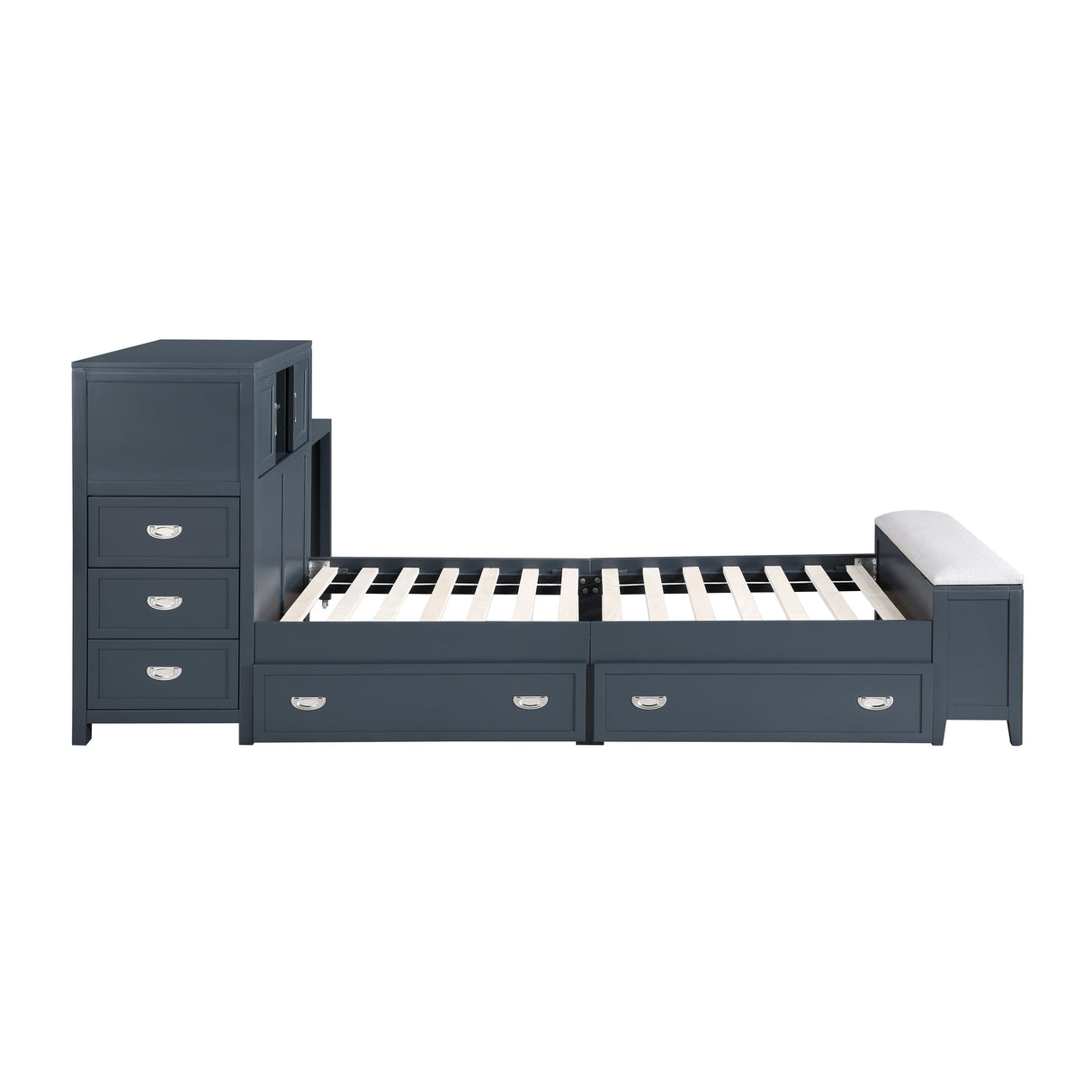 Sloane Navy Blue Twin Bookcase Bed with Hidden Desk, Stool and Storage Bench by Homelegance at Eve Furniture
