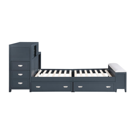Sloane Navy Blue Twin Bookcase Bed with Hidden Desk, Stool and Storage Bench by Homelegance at Eve Furniture