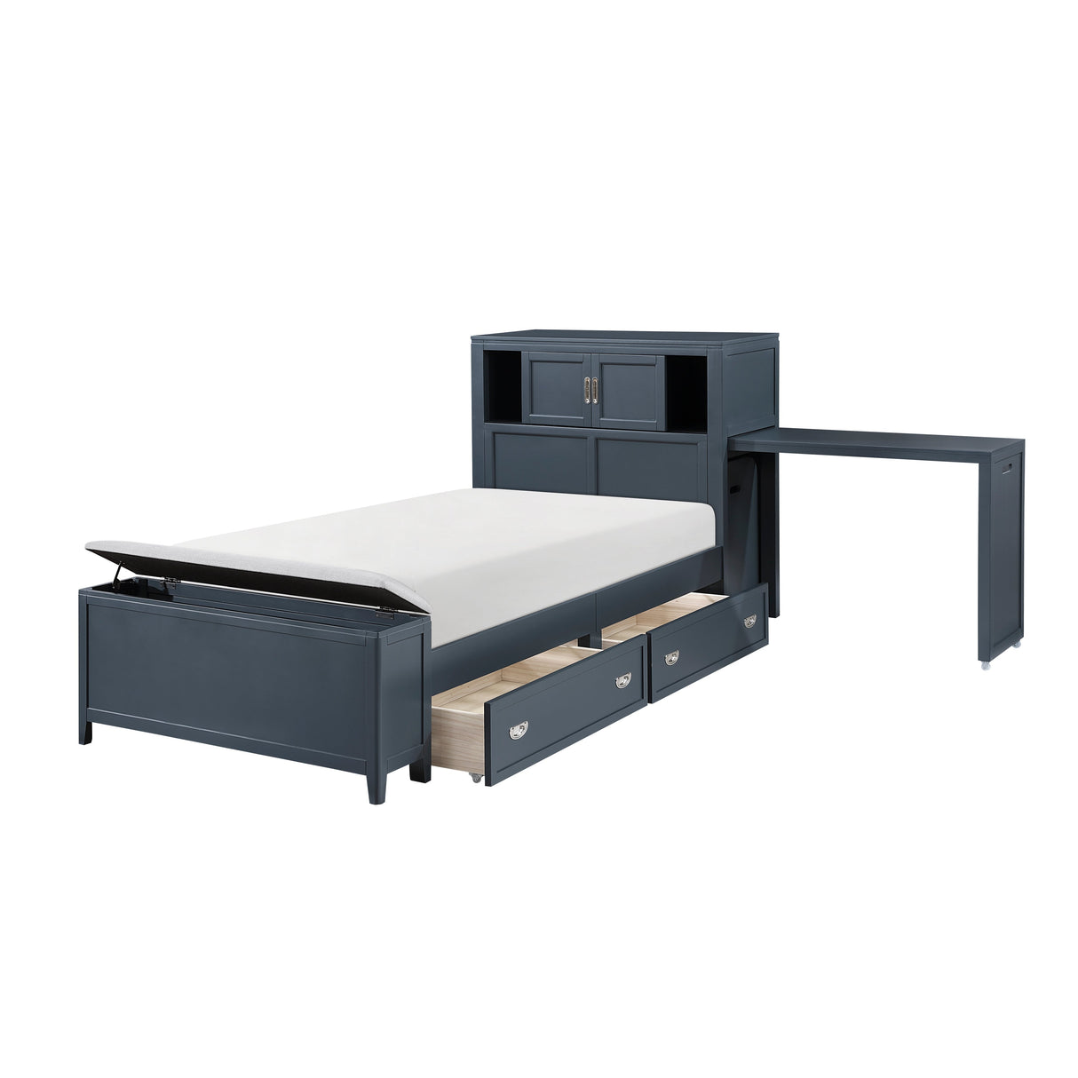 Sloane Navy Blue Twin Bookcase Bed with Hidden Desk, Stool and Storage Bench by Homelegance at Eve Furniture