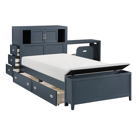 Sloane Navy Blue Twin Bookcase Bed with Hidden Desk, Stool and Storage Bench by Homelegance at Eve Furniture