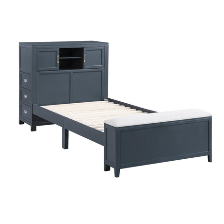 Sloane Navy Blue Twin Bookcase Bed with Hidden Desk, Stool and Storage Bench by Homelegance at Eve Furniture