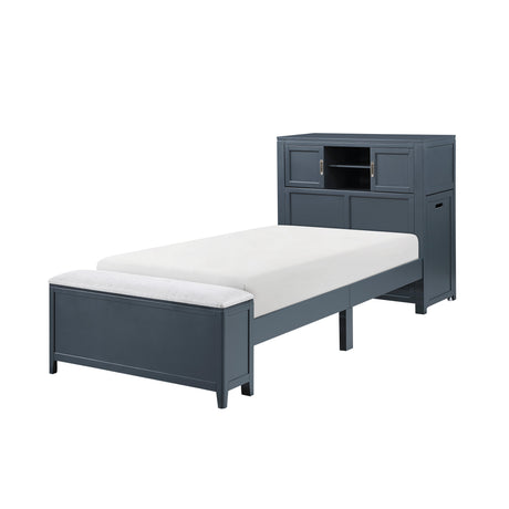 Sloane Navy Blue Twin Bookcase Bed with Hidden Desk, Stool and Storage Bench by Homelegance at Eve Furniture