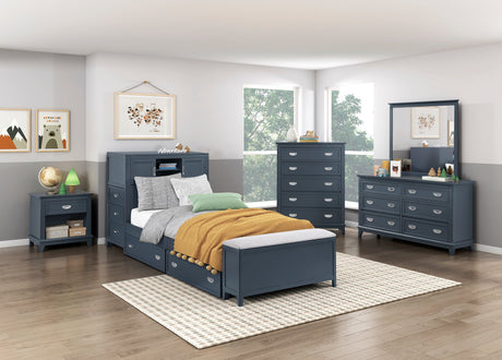 Sloane Navy Blue Twin Bookcase Bed with Hidden Desk, Stool and Storage Bench by Homelegance at Eve Furniture