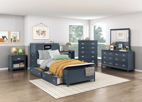 Sloane Navy Blue Twin Bookcase Bed with Hidden Desk, Stool and Storage Bench by Homelegance at Eve Furniture