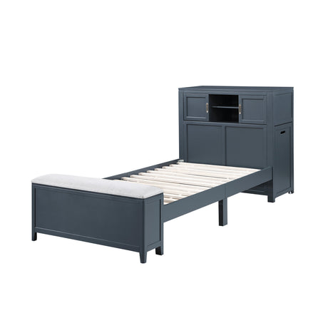 Sloane Navy Blue Twin Bookcase Bed with Hidden Desk, Stool and Storage Bench by Homelegance at Eve Furniture