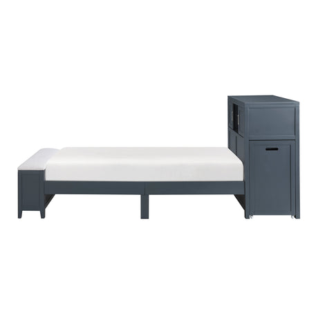 Sloane Navy Blue Twin Bookcase Bed with Hidden Desk, Stool and Storage Bench by Homelegance at Eve Furniture