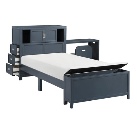 Sloane Navy Blue Twin Bookcase Bed with Hidden Desk, Stool and Storage Bench by Homelegance at Eve Furniture
