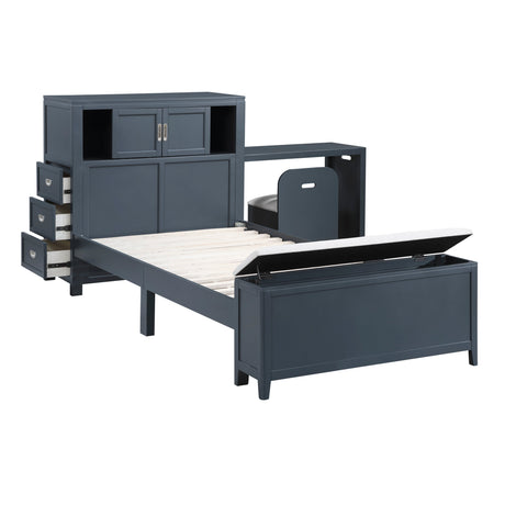 Sloane Navy Blue Twin Bookcase Bed with Hidden Desk, Stool and Storage Bench by Homelegance at Eve Furniture