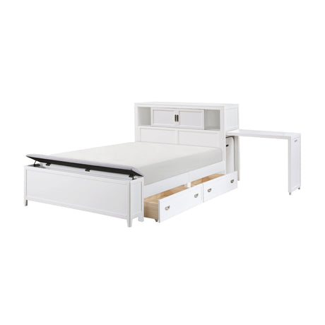 Sloane White Full Bookcase Bed with Hidden Desk, Stool and Storage Bench by Homelegance at Eve Furniture