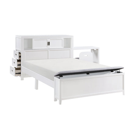 Sloane White Full Bookcase Bed with Hidden Desk, Stool and Storage Bench by Homelegance at Eve Furniture