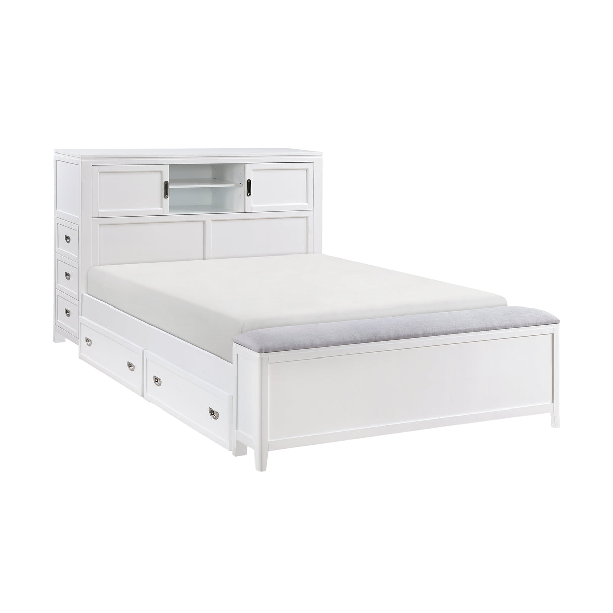 Sloane White Full Bookcase Bed with Hidden Desk, Stool and Storage Bench