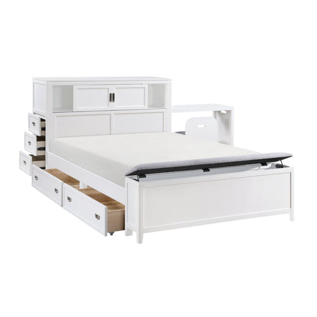 Sloane White Full Bookcase Bed with Hidden Desk, Stool and Storage Bench by Homelegance at Eve Furniture