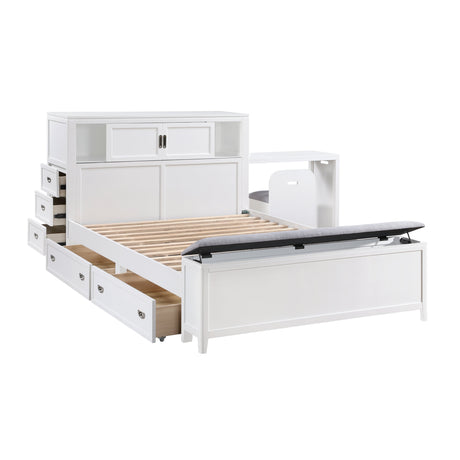 Sloane White Full Bookcase Bed with Hidden Desk, Stool and Storage Bench by Homelegance at Eve Furniture