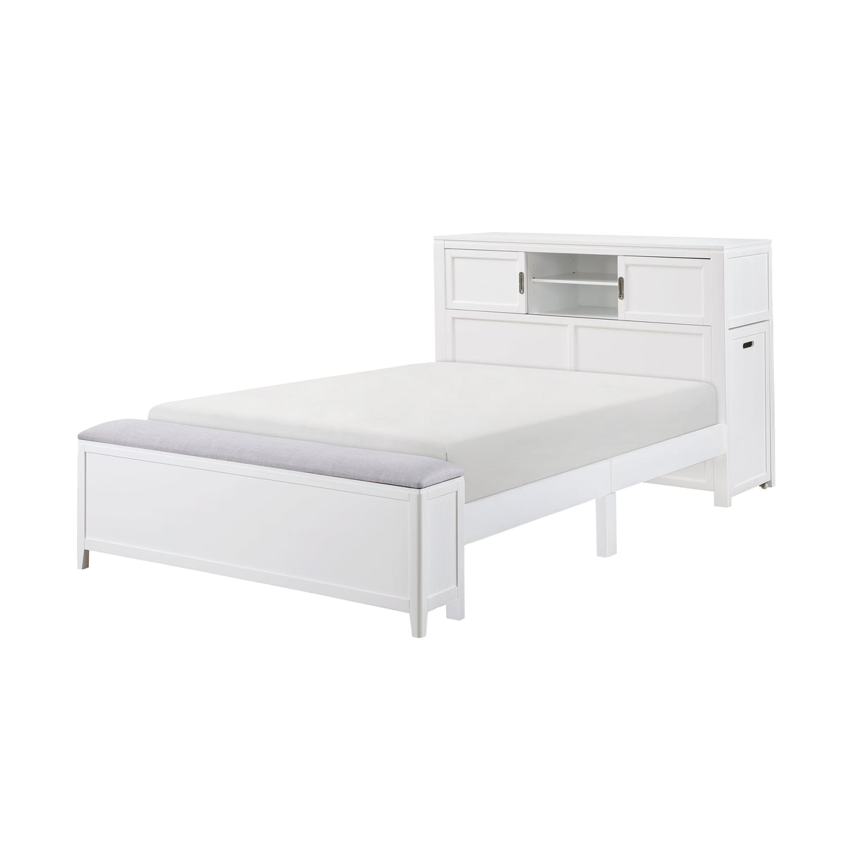 Sloane White Full Bookcase Bed with Hidden Desk, Stool and Storage Bench