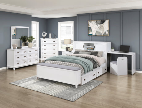 Sloane White Full Bookcase Bed with Hidden Desk, Stool and Storage Bench by Homelegance at Eve Furniture