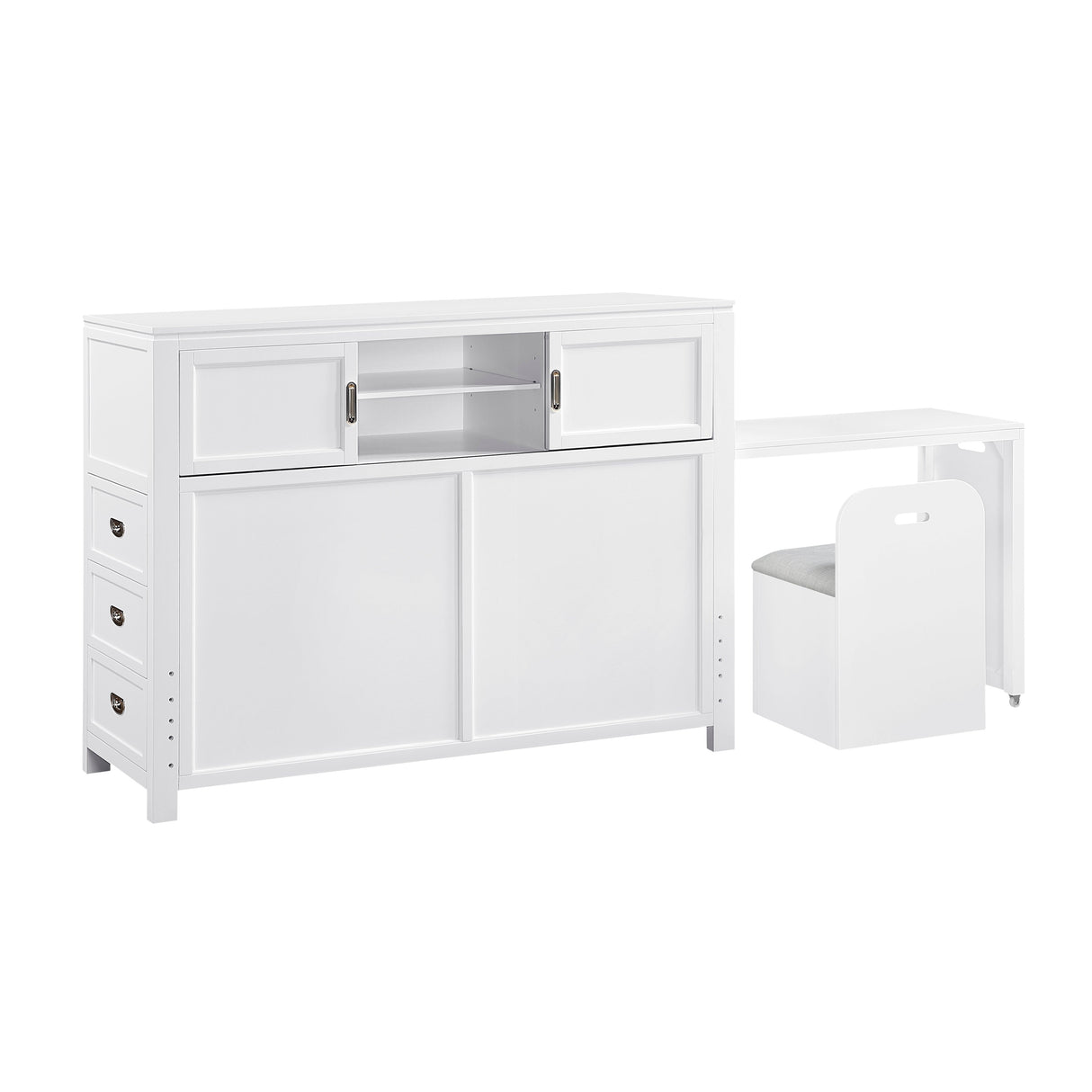 Sloane White Full Bookcase Bed with Hidden Desk, Stool and Storage Bench