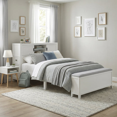 Sloane White Full Bookcase Bed with Hidden Desk, Stool and Storage Bench by Homelegance at Eve Furniture