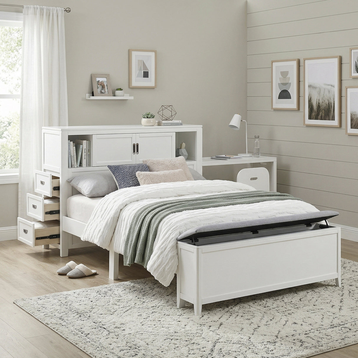 Sloane White Full Bookcase Bed with Hidden Desk, Stool and Storage Bench