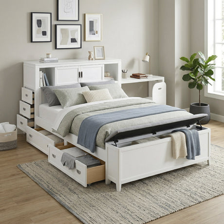 Sloane White Full Bookcase Bed with Hidden Desk, Stool and Storage Bench by Homelegance at Eve Furniture