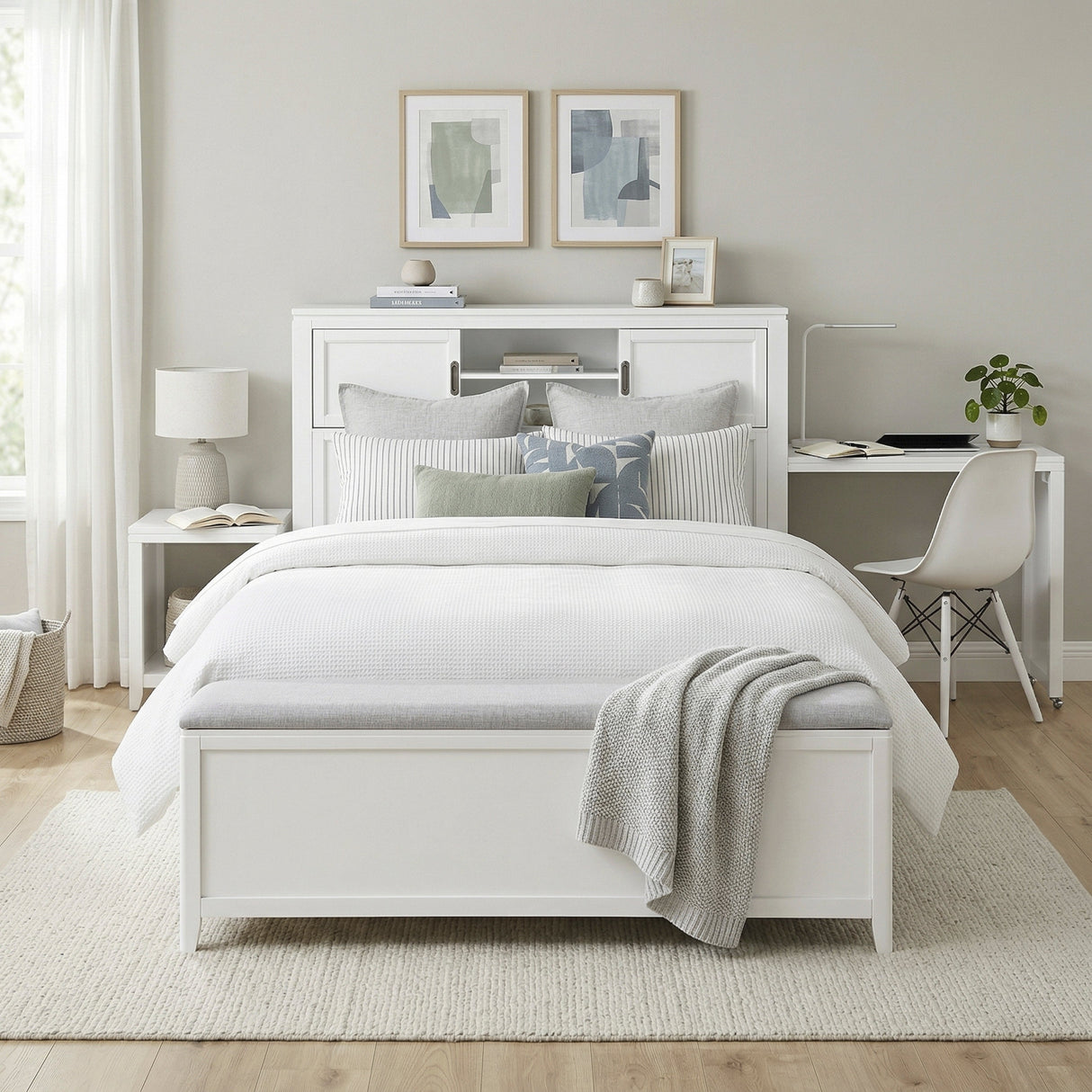 Sloane White Full Bookcase Bed with Hidden Desk, Stool and Storage Bench