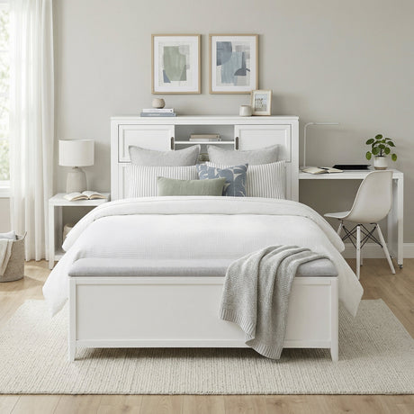 Sloane White Full Bookcase Bed with Hidden Desk, Stool and Storage Bench by Homelegance at Eve Furniture