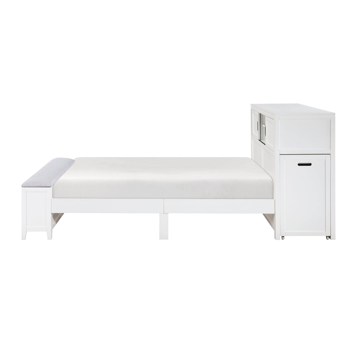 Sloane White Full Bookcase Bed with Hidden Desk, Stool and Storage Bench