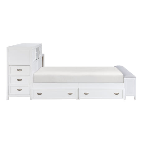 Sloane White Full Bookcase Bed with Hidden Desk, Stool and Storage Bench by Homelegance at Eve Furniture