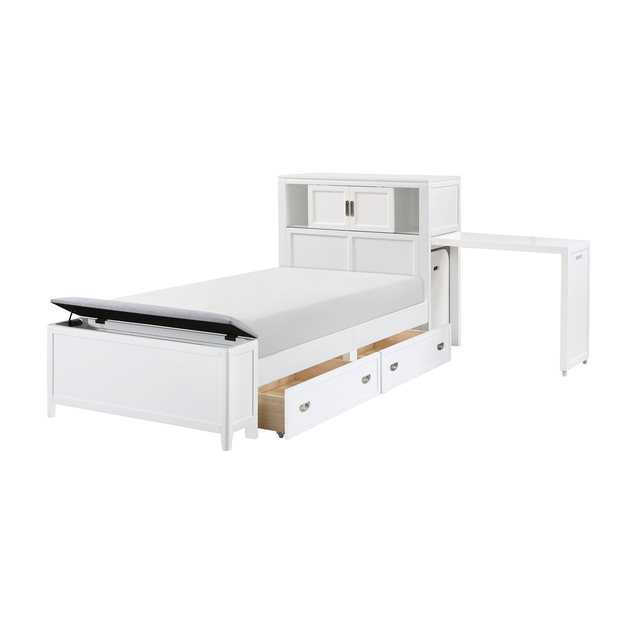 Sloane White Twin Bookcase Bed with Hidden Desk, Stool and Storage Bench