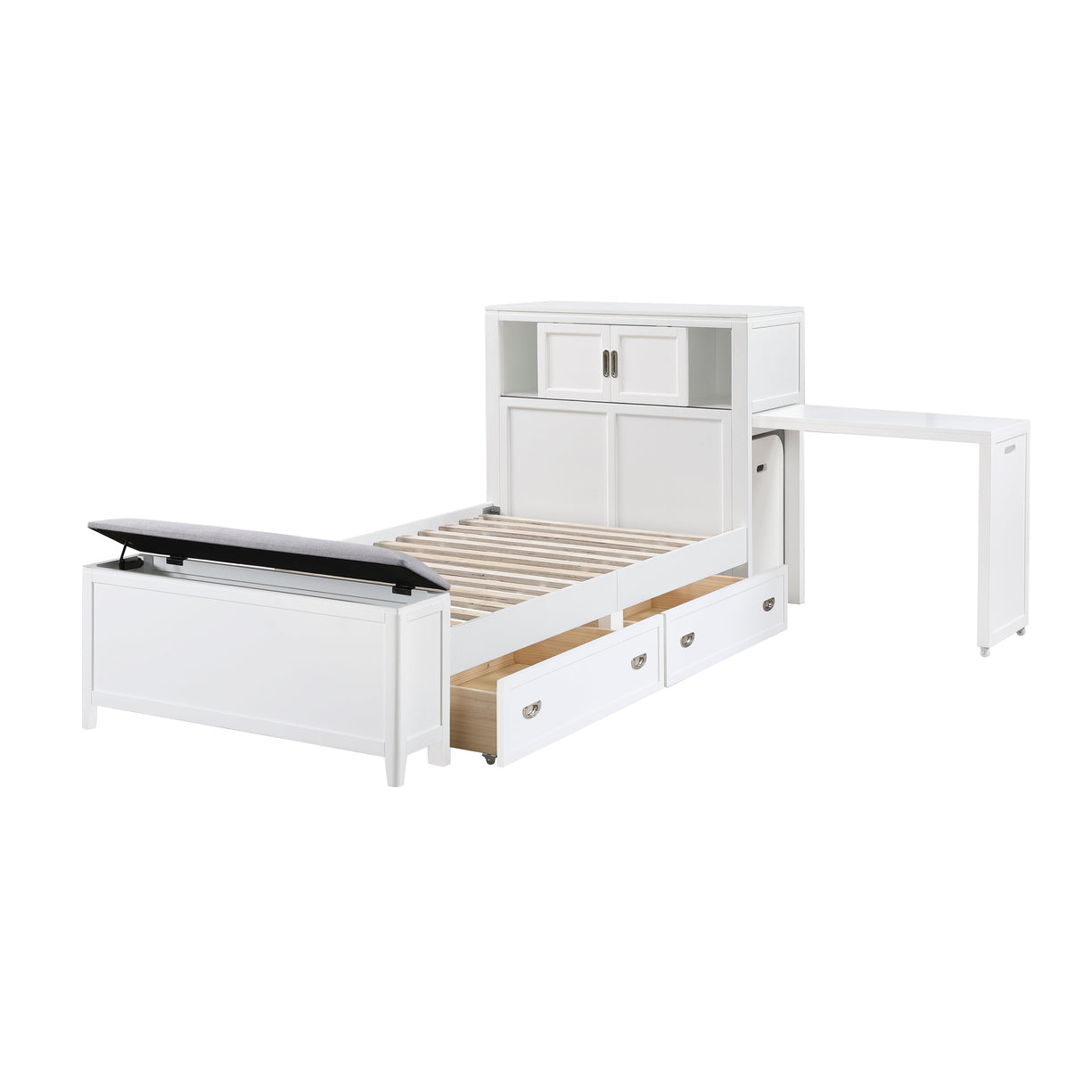 Sloane White Twin Bookcase Bed with Hidden Desk, Stool and Storage Bench