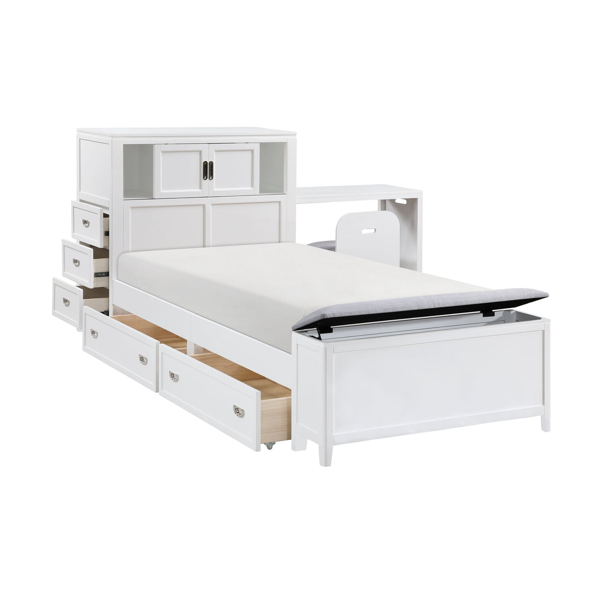 Sloane White Twin Bookcase Bed with Hidden Desk, Stool and Storage Bench